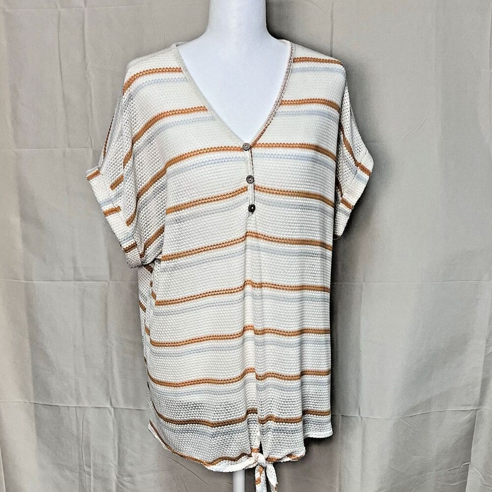 French Pastry 2X Striped Button Front Knit Top Beige Brown Soft Layering Boho